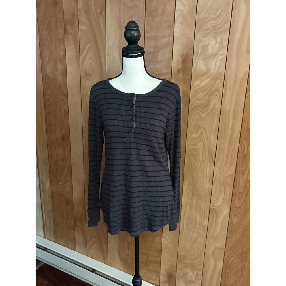 Sundry Womens Ribbed Henley Top Charcoal Grey Black Striped Long Sleeve Size 1